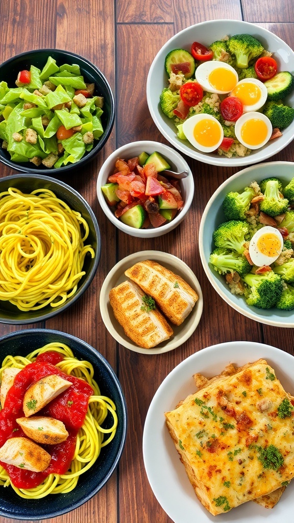 A variety of low carb meals including zucchini noodles, cobb salad, and broccoli casserole on a wooden table.